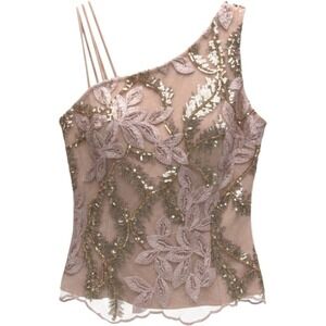 Venus One Shoulder Sequin Floral Embroidered Top Rose Gold Tan Size 10 NEW